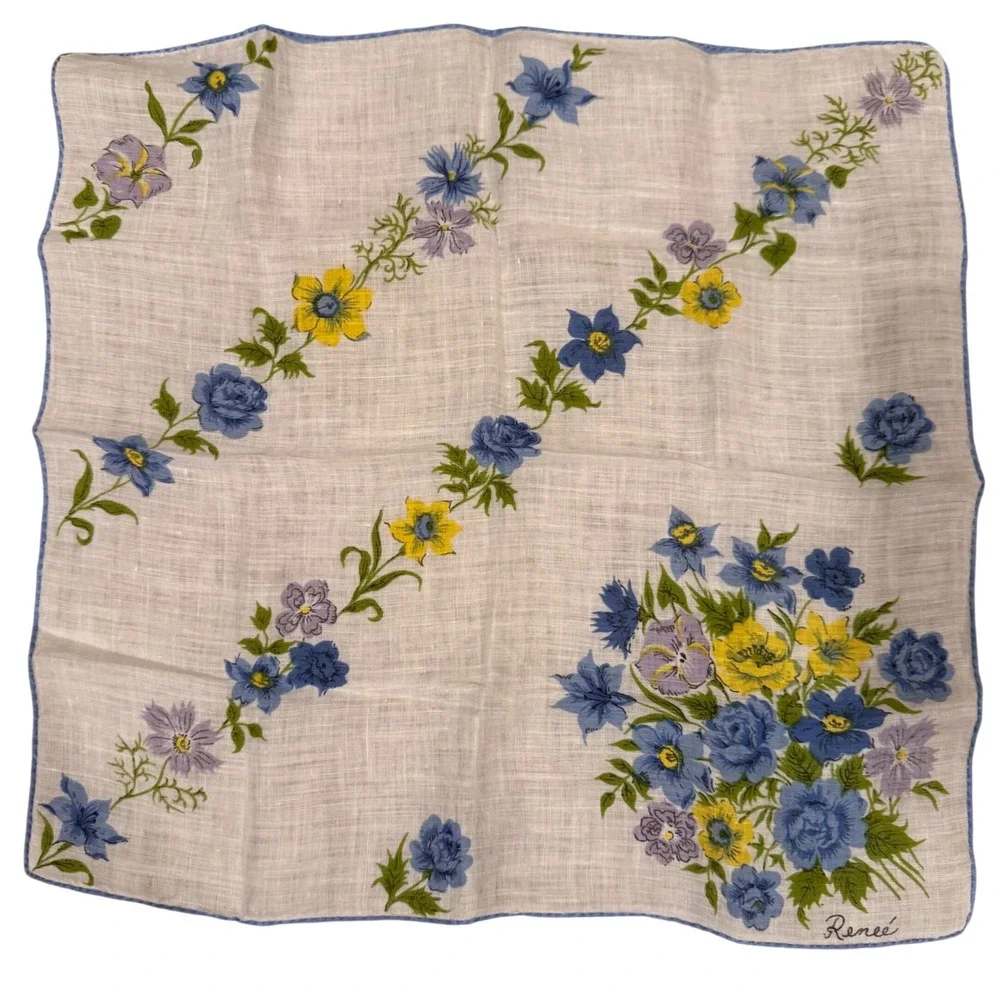 Vintage 1950's Renee Signed‎ Floral Handkerchief Blue Yellow Flowers White Linen